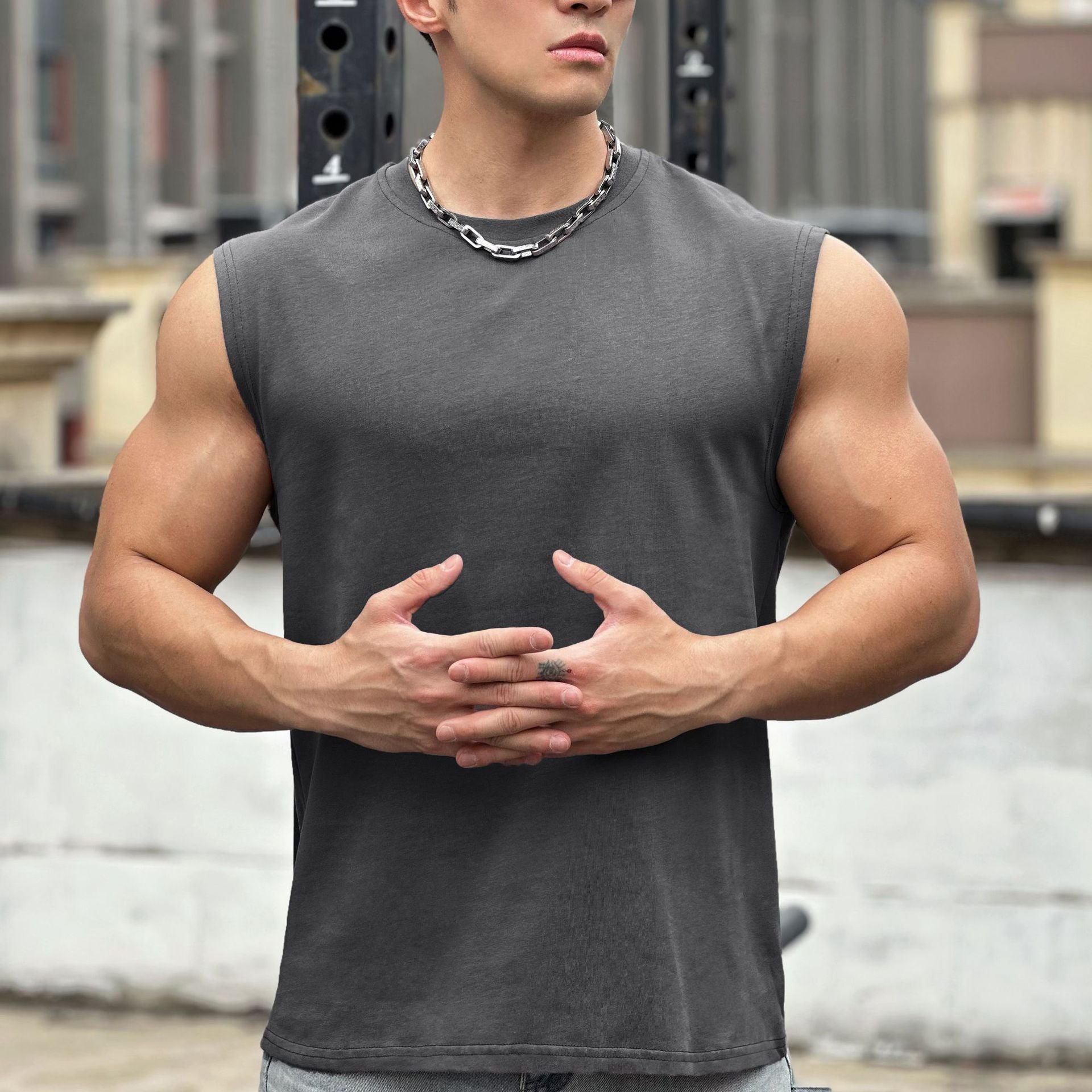 Men's Heavyweight Cotton Wide Shoulder Sleeveless Vest — Fitness Running Sport Top