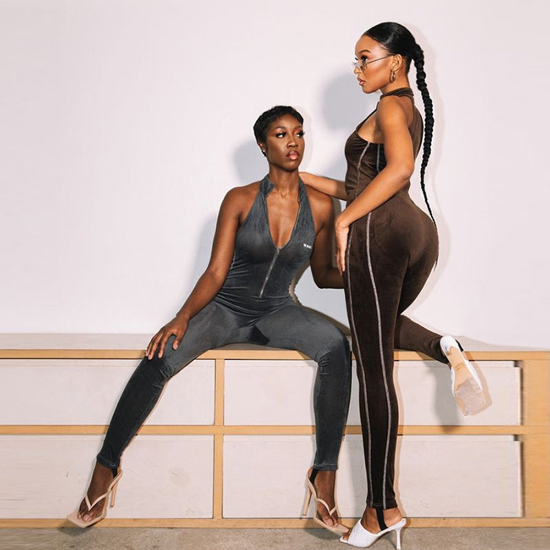 Women's Velvet Stripe Fitness Jumpsuit — Sleeveless Zip-Up Bodysuit