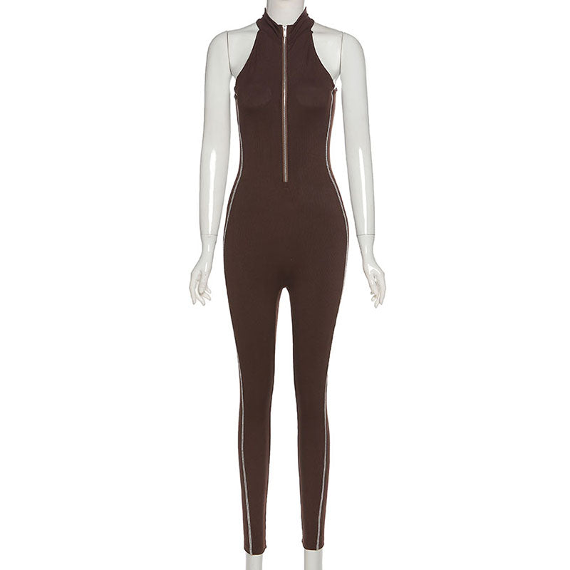 Women's Velvet Stripe Fitness Jumpsuit — Sleeveless Zip-Up Bodysuit