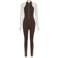 Women's Velvet Stripe Fitness Jumpsuit — Sleeveless Zip-Up Bodysuit