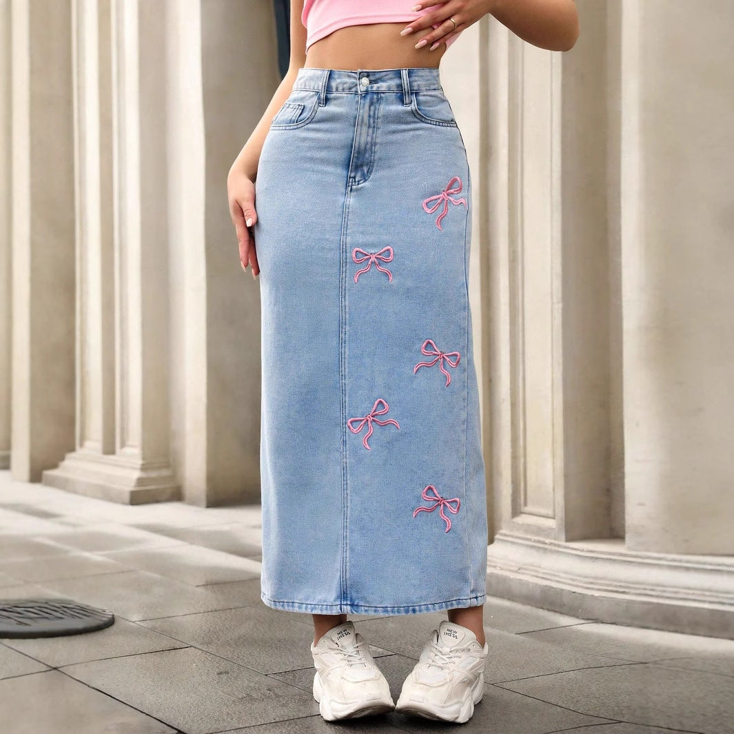 Women's Bow Tie Denim Long Skirt