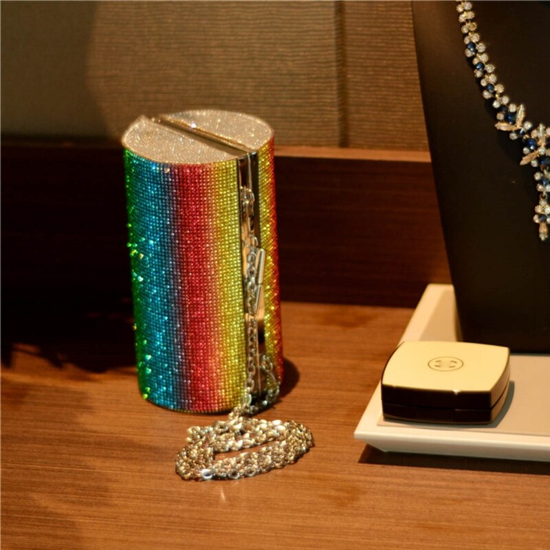 Rainbow Rhinestone Cylinder Shoulder Bag