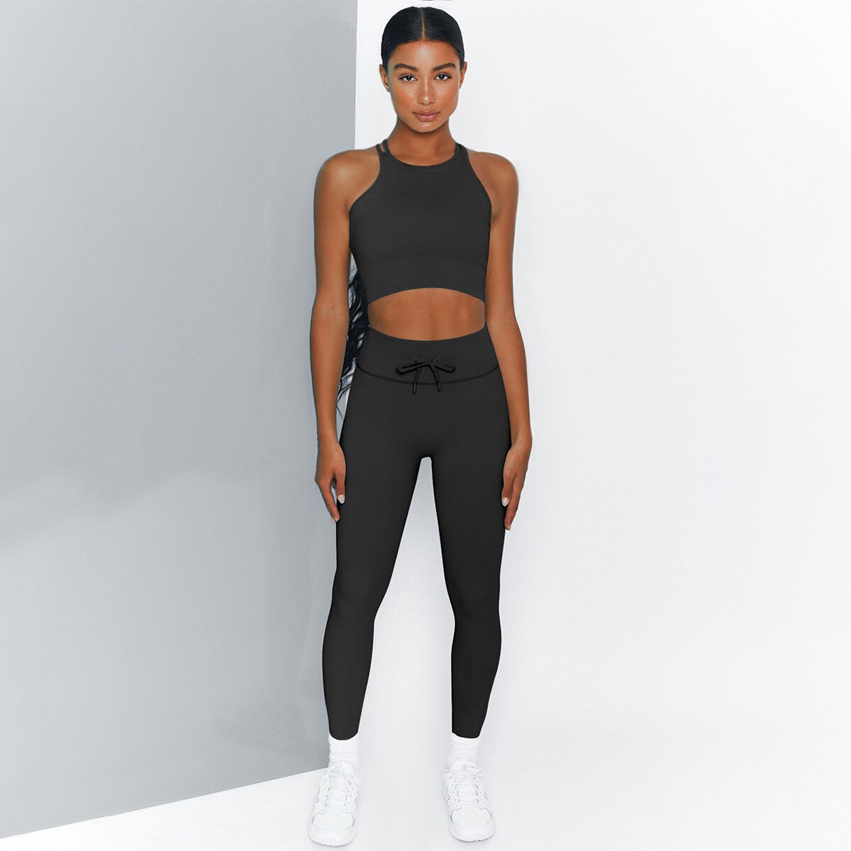 Women's Seamless Knit Double-Strap Bra & Leggings Yoga Set