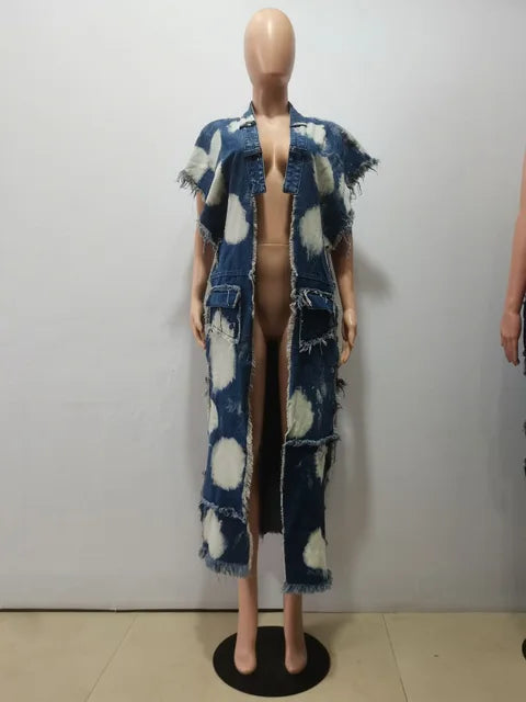 Women's Bleach Print Fringe Denim Long Vest