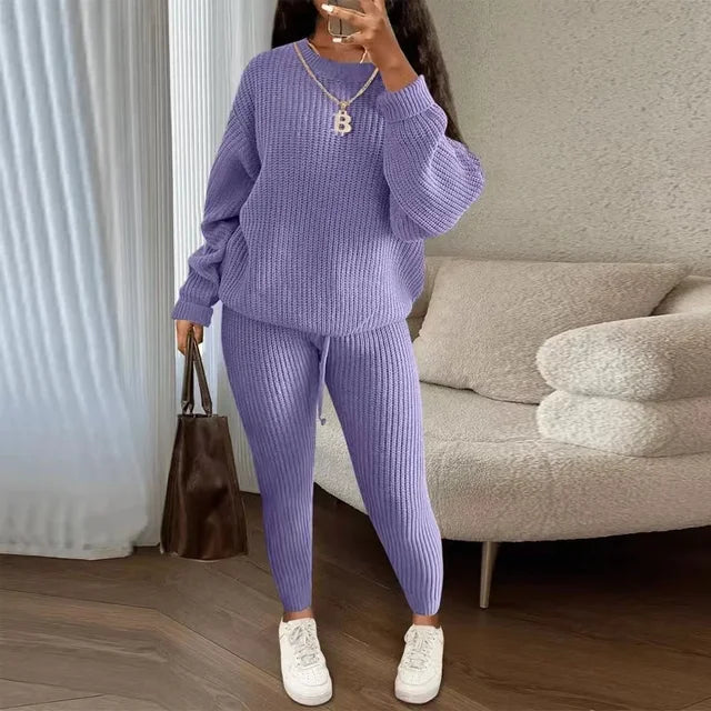 Women's Solid Knit Long-Sleeve Sweater & Pants Two-Piece Set