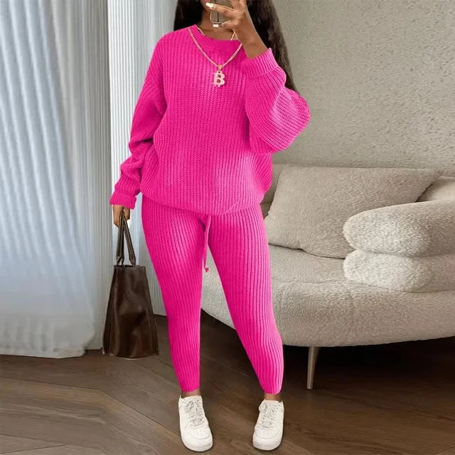 Women's Solid Knit Long-Sleeve Sweater & Pants Two-Piece Set