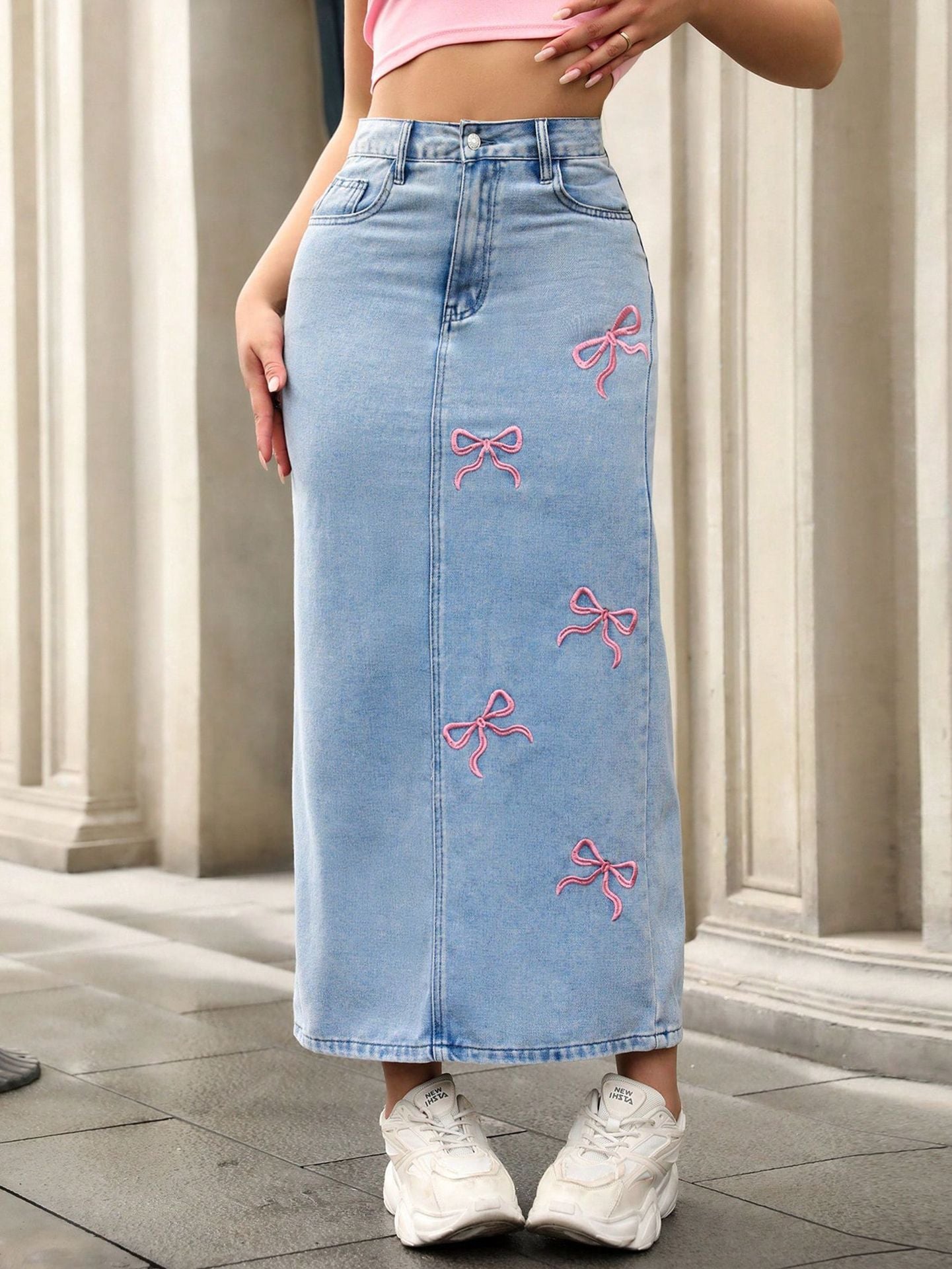 Women's Bow Tie Denim Long Skirt