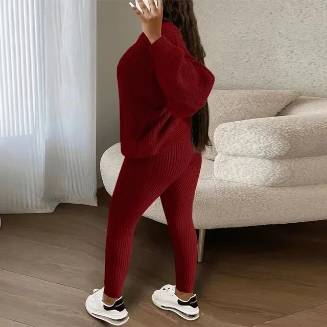 Women's Solid Knit Long-Sleeve Sweater & Pants Two-Piece Set