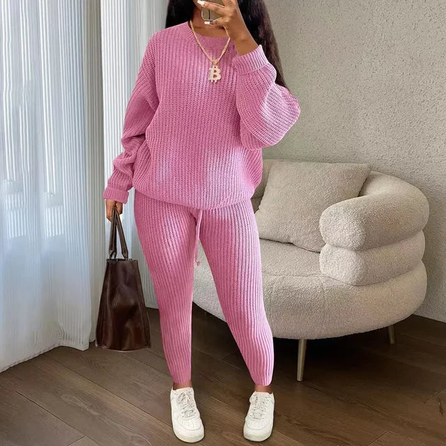 Women's Solid Knit Long-Sleeve Sweater & Pants Two-Piece Set