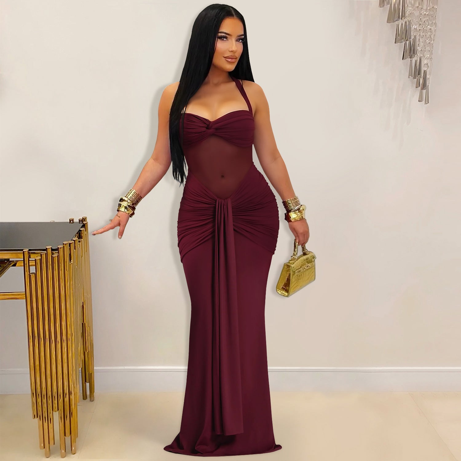 Women's Sheer Mesh Halter Tie-Back Bodycon Maxi Dress