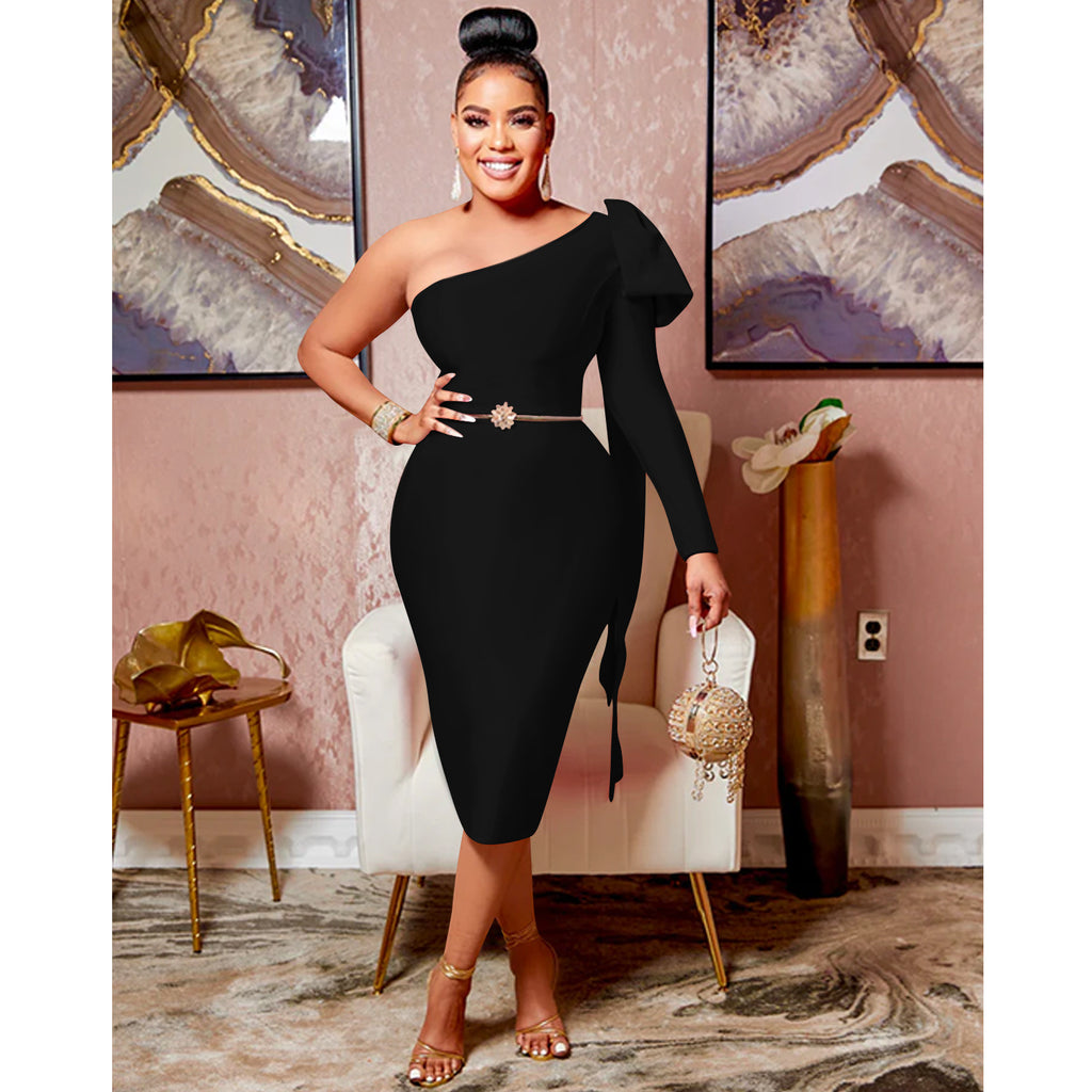 Women's Single Long-Sleeve Asymmetrical Bow Midi Dress