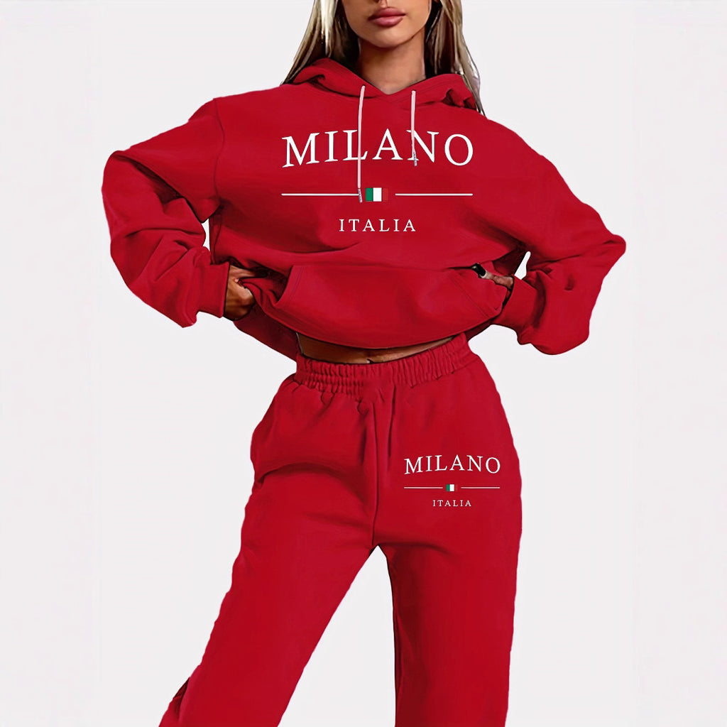 Unisex Fleece-Lined Letter Print Hoodie & Sweatpants Set