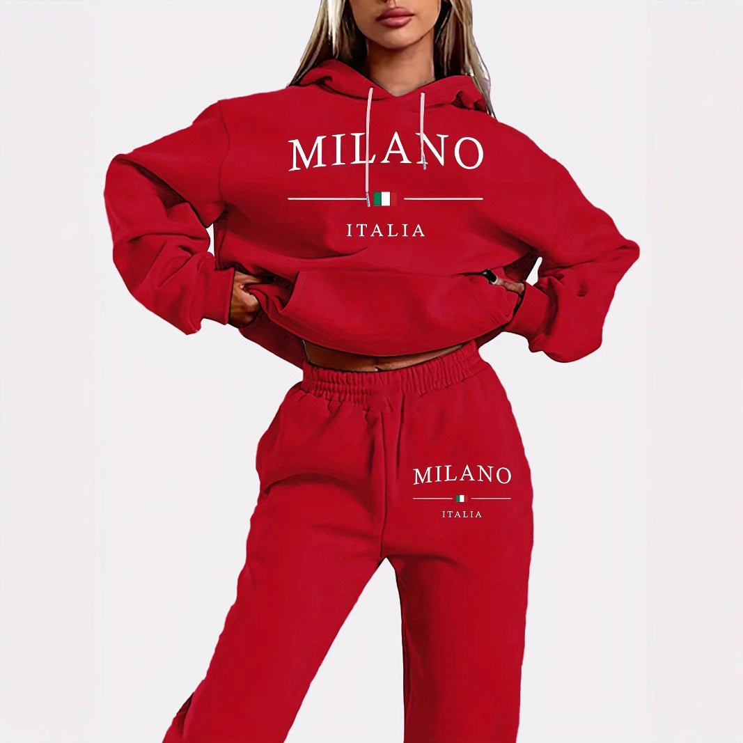 Unisex Fleece-Lined Letter Print Hoodie & Sweatpants Set