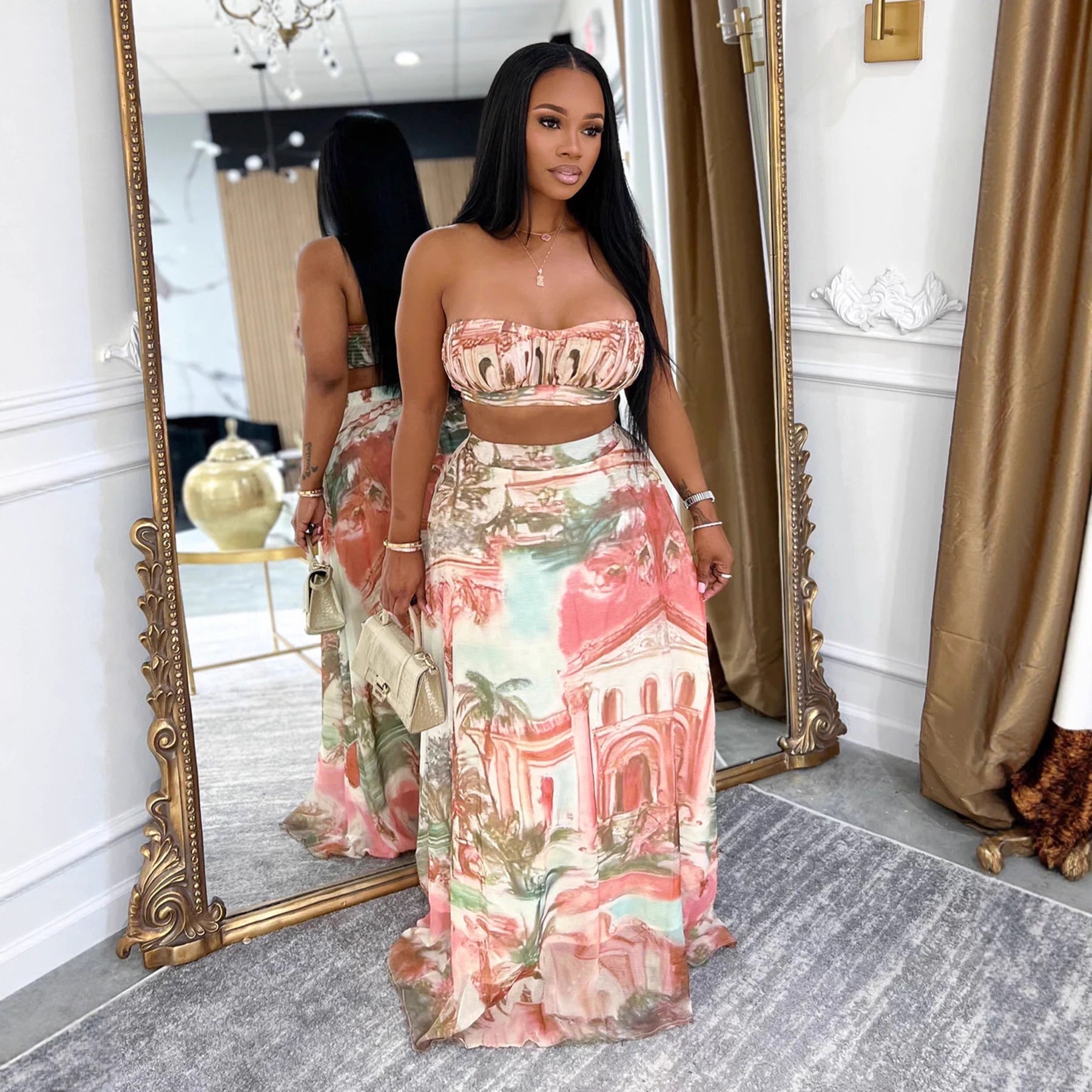 Women's Printed Sleeveless Crop Top & High-Waist Chiffon Maxi Skirt Set