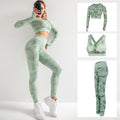 Women's Camouflage 3-Piece Yoga Fitness Set — Sports Bra, Long Sleeve Crop Top & Hip-Lift Leggings