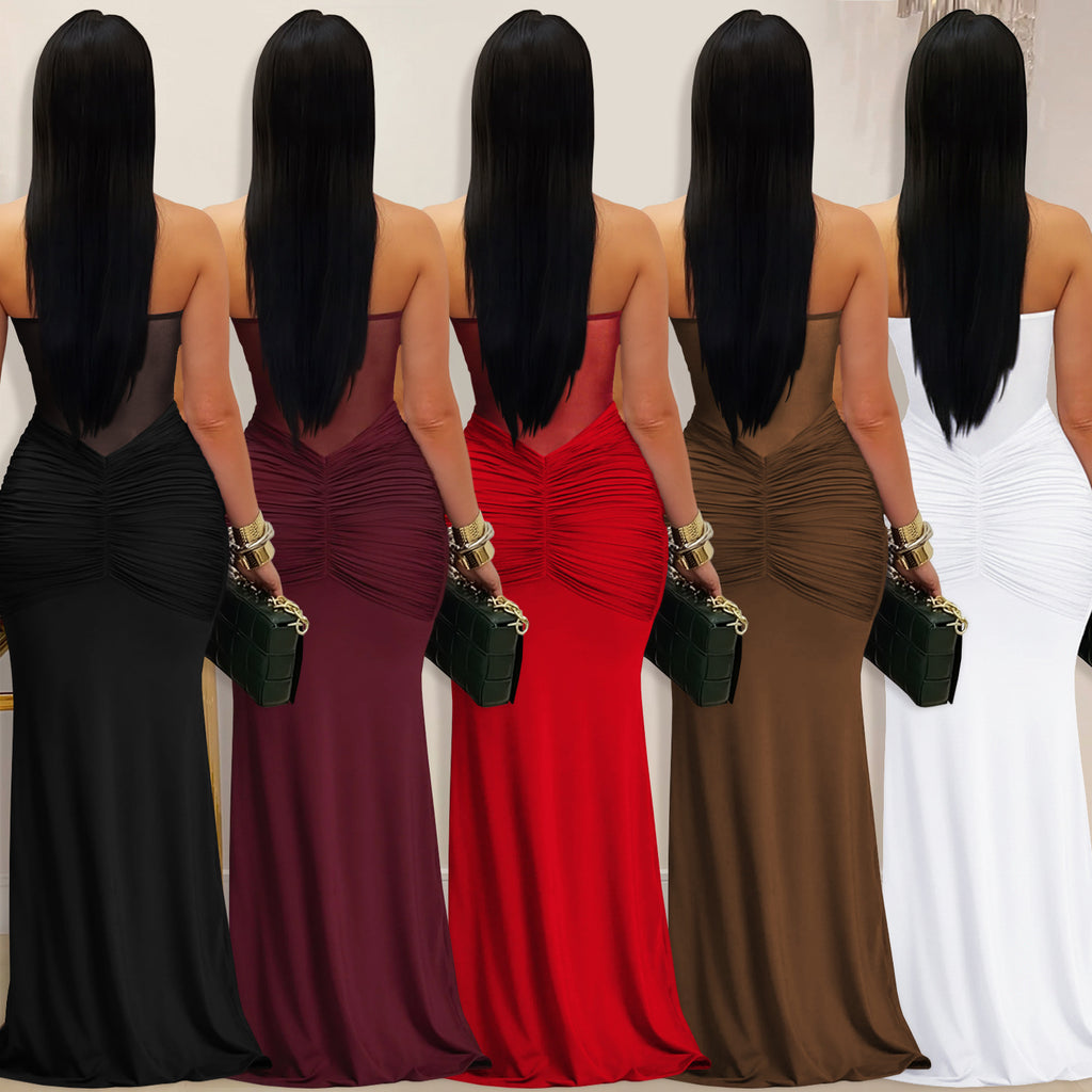 Women's Sheer Mesh Halter Tie-Back Bodycon Maxi Dress