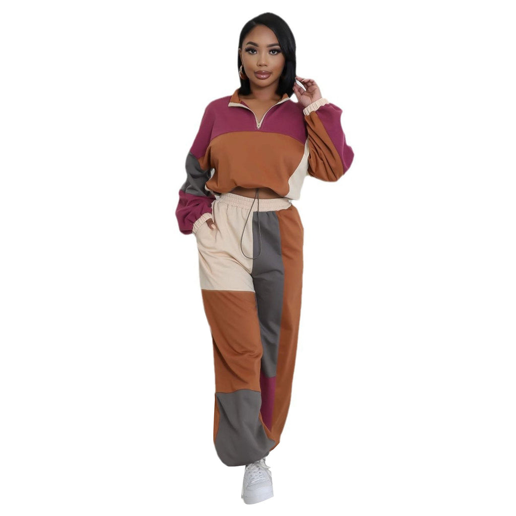 Women's Colour-Block Sporty Two-Piece Set – Zip Hoodie & Straight-Leg Pants