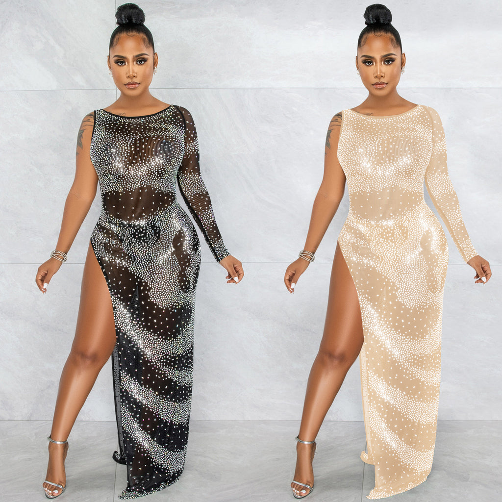 Women's Rhinestone Mesh Single-Sleeve Asymmetrical Slit Maxi Dress