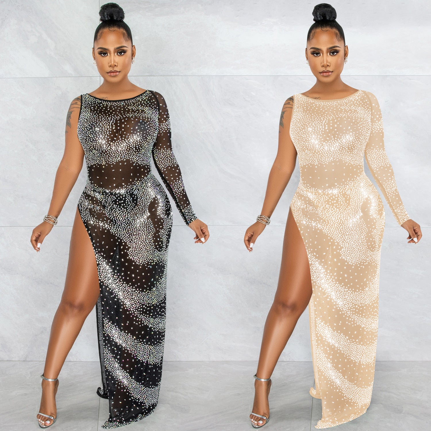 Women's Rhinestone Mesh Single-Sleeve Asymmetrical Slit Maxi Dress