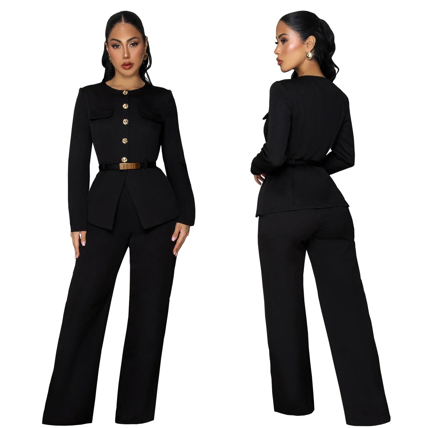 Women's Belted Long-Sleeve Fitted Top & Wide-Leg Pants Set