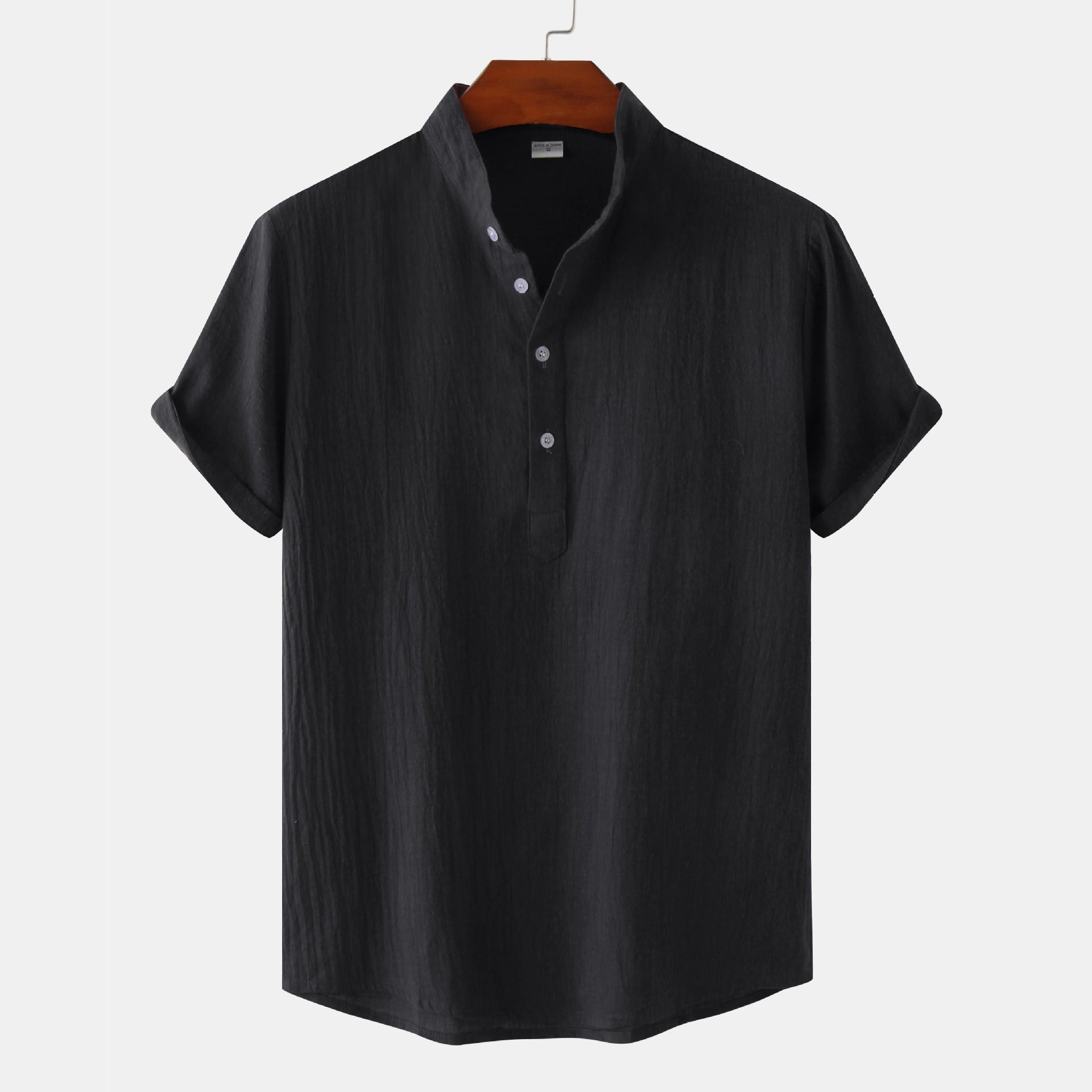 Men's Cotton-Linen Standing Collar Short-Sleeve Casual Shirt