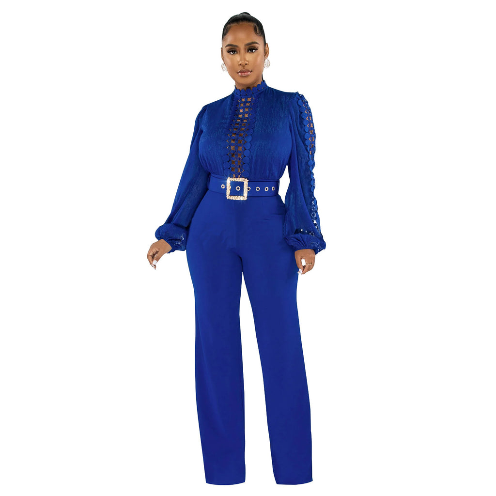 Women's Long-Sleeve Hollow-Out Belted Wide-Leg Jumpsuit