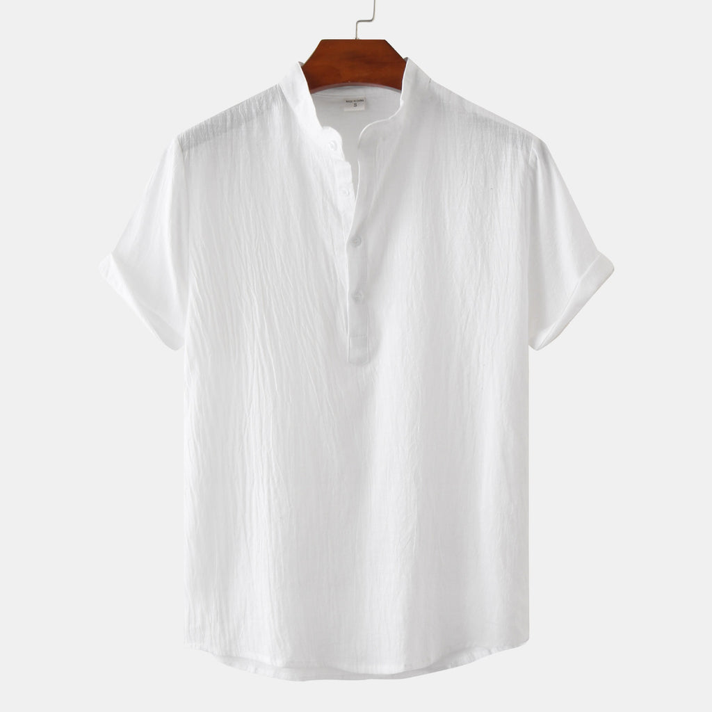 Men's Cotton-Linen Standing Collar Short-Sleeve Casual Shirt