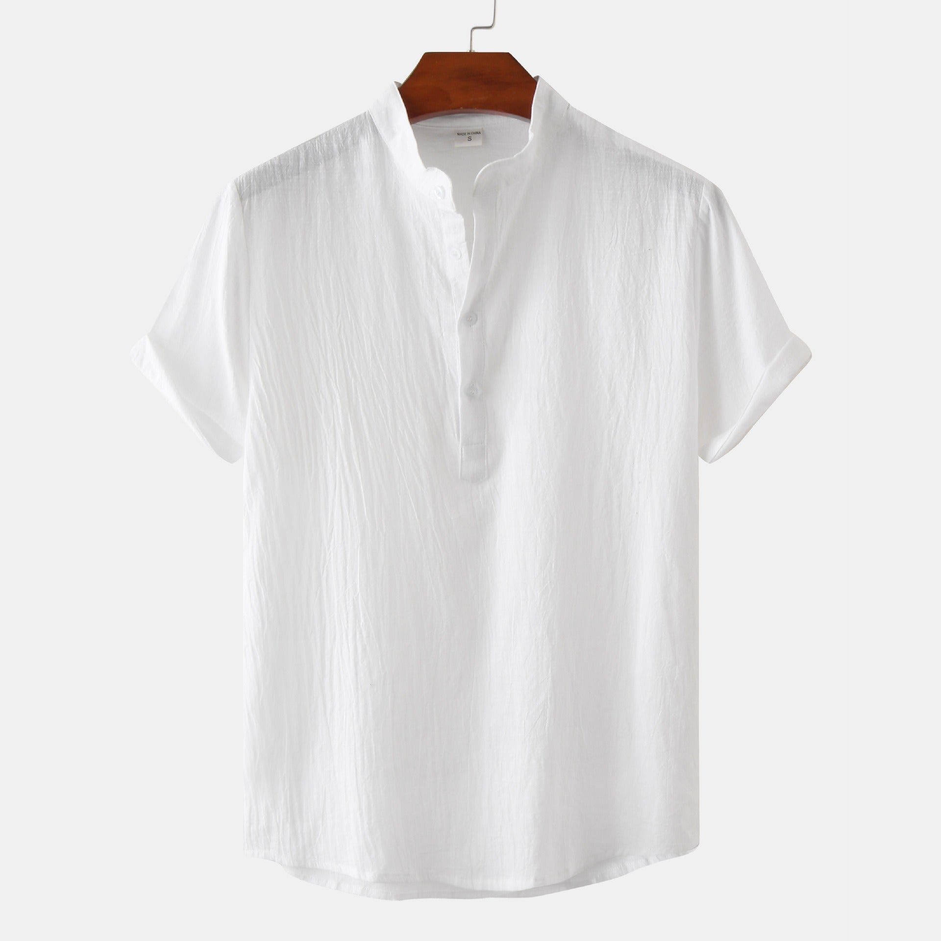 Men's Cotton-Linen Standing Collar Short-Sleeve Casual Shirt