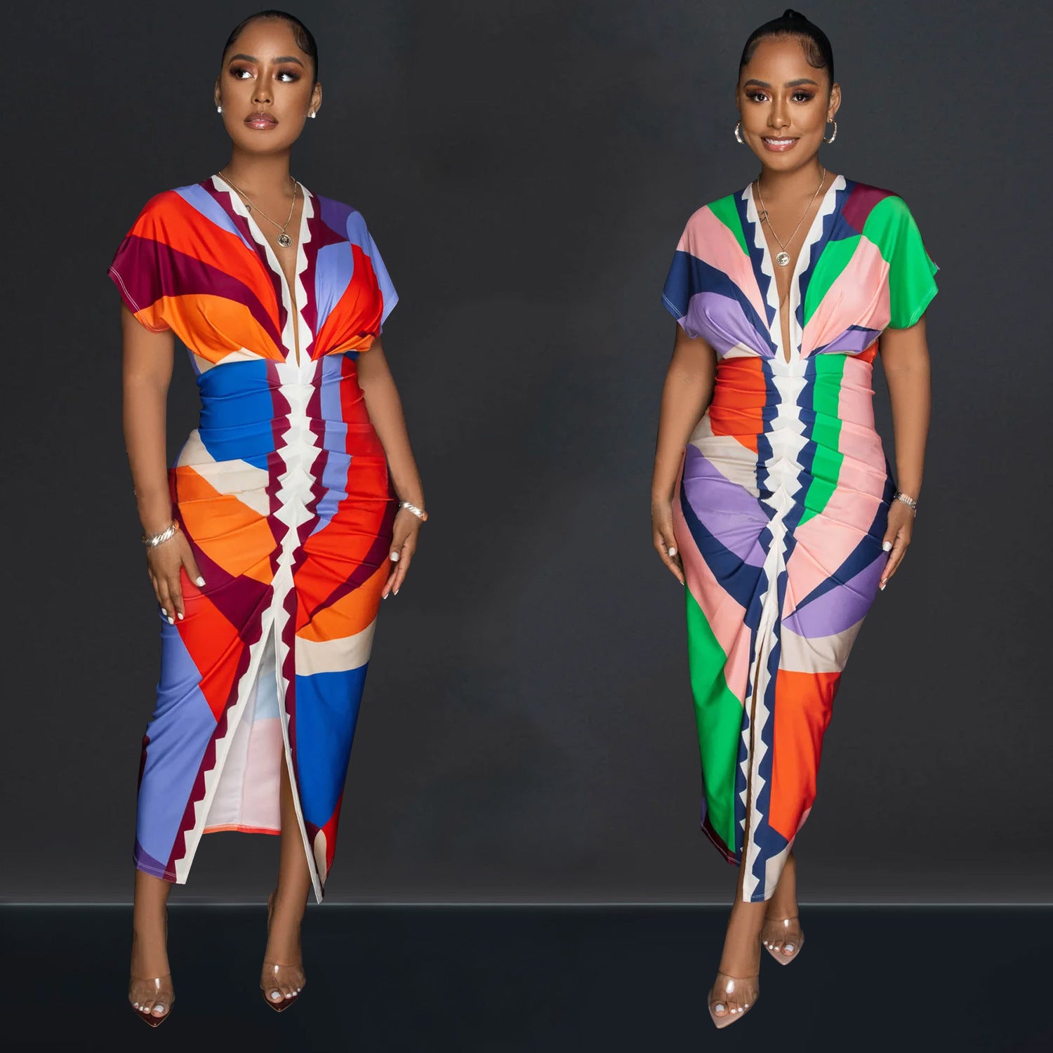 Women's V-Neck Printed Short-Sleeve Bodycon Maxi Dress