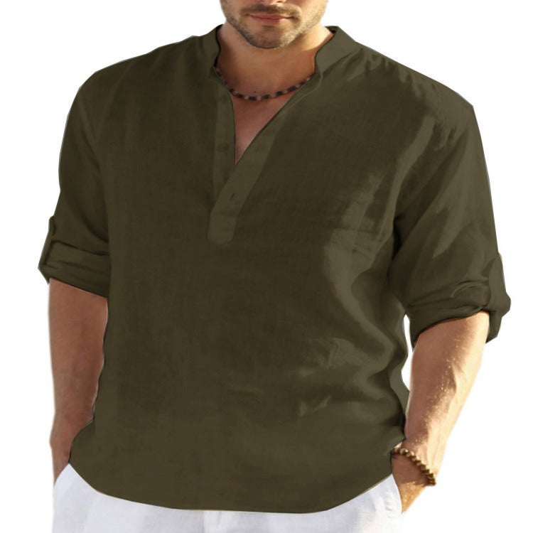 Men's Cotton-Linen Long-Sleeve Loose Casual Shirt – Standing Collar