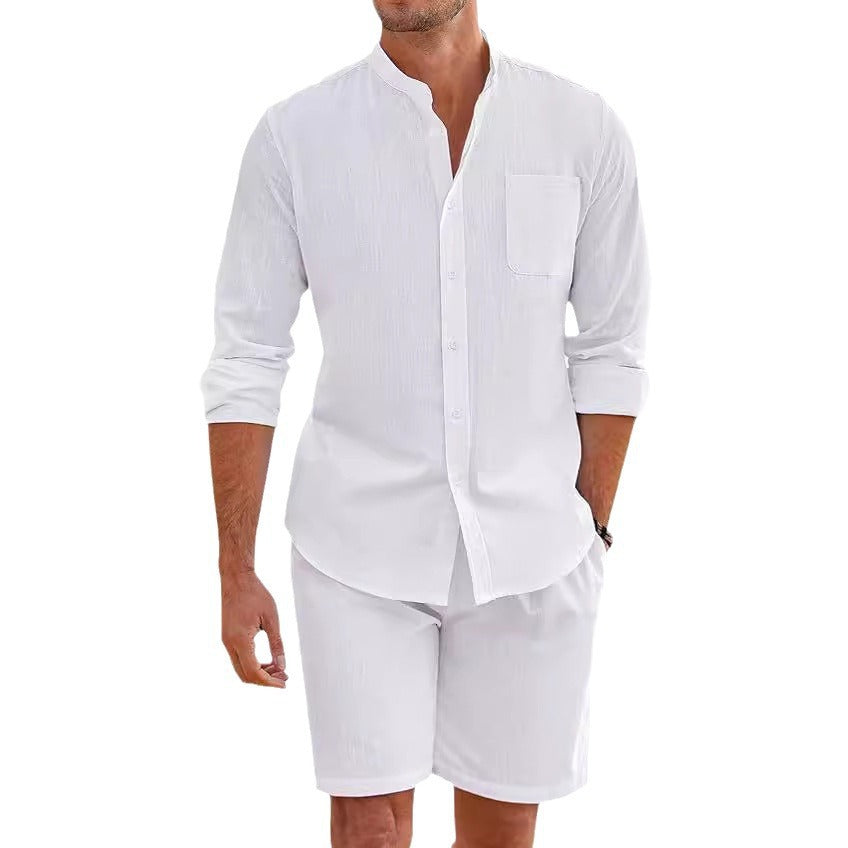 Men's Casual Button-Up Long Sleeve Shirt & Shorts Two-Piece Set