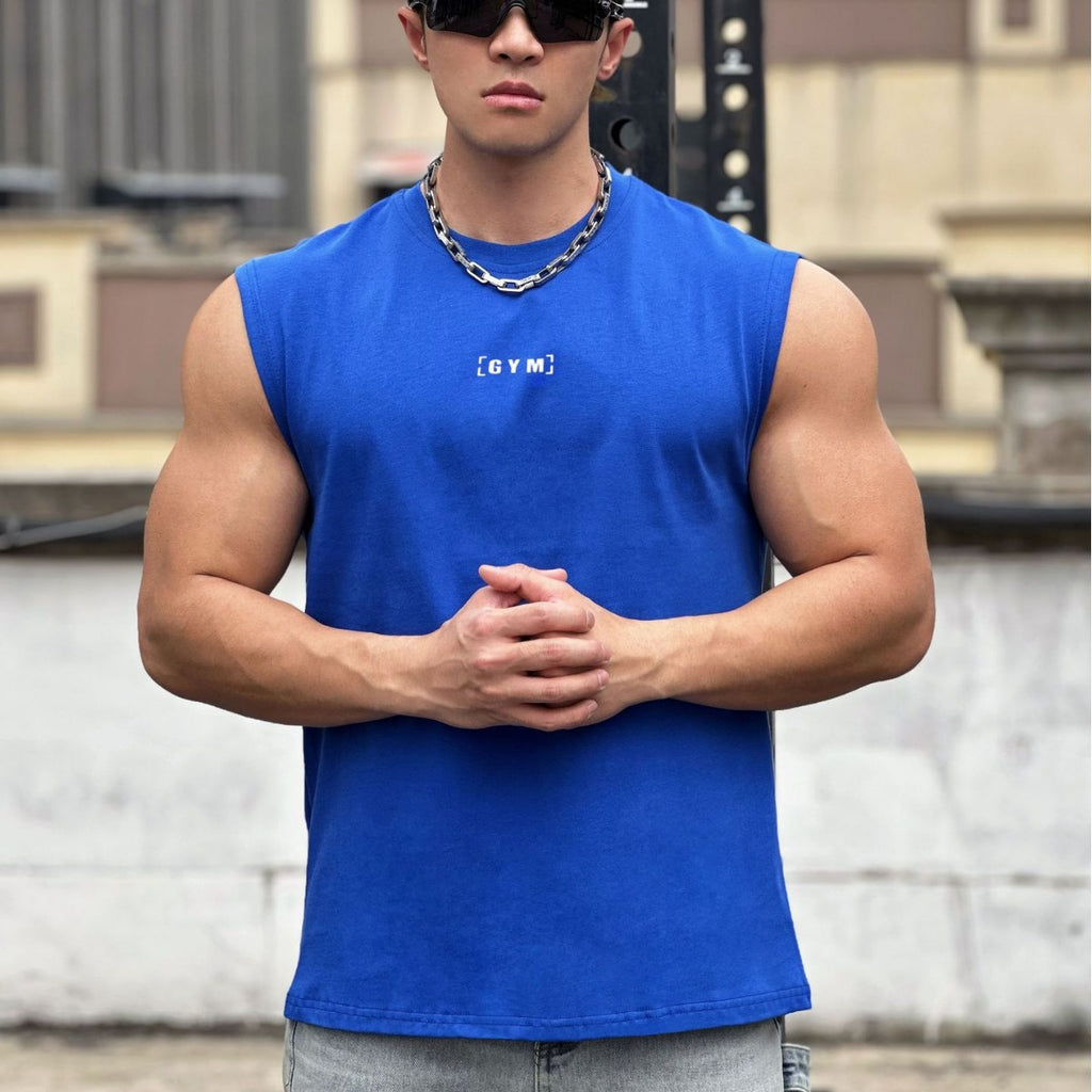 Men's Heavyweight Cotton Wide Shoulder Sleeveless Vest — Fitness Running Sport Top
