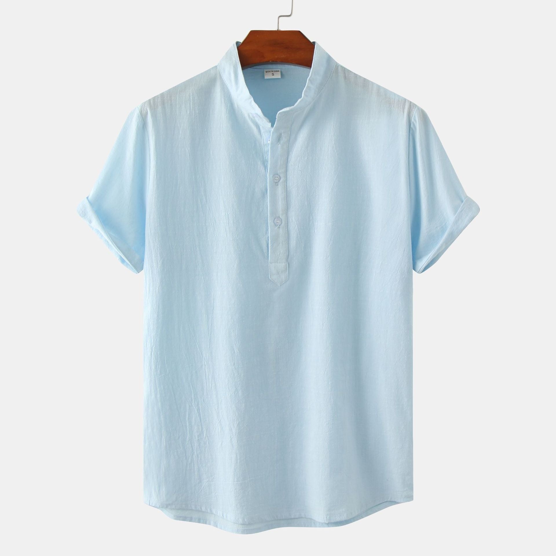 Men's Cotton-Linen Standing Collar Short-Sleeve Casual Shirt