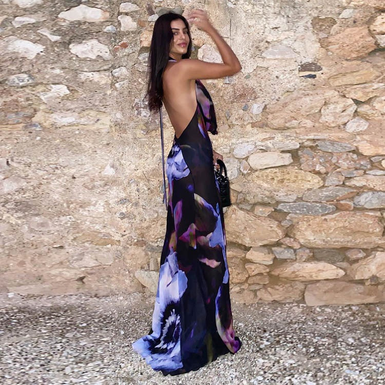 Women's Backless Printed Halter Neck Maxi Dress
