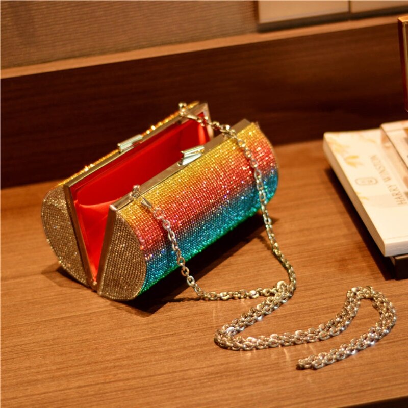 Rainbow Rhinestone Cylinder Shoulder Bag
