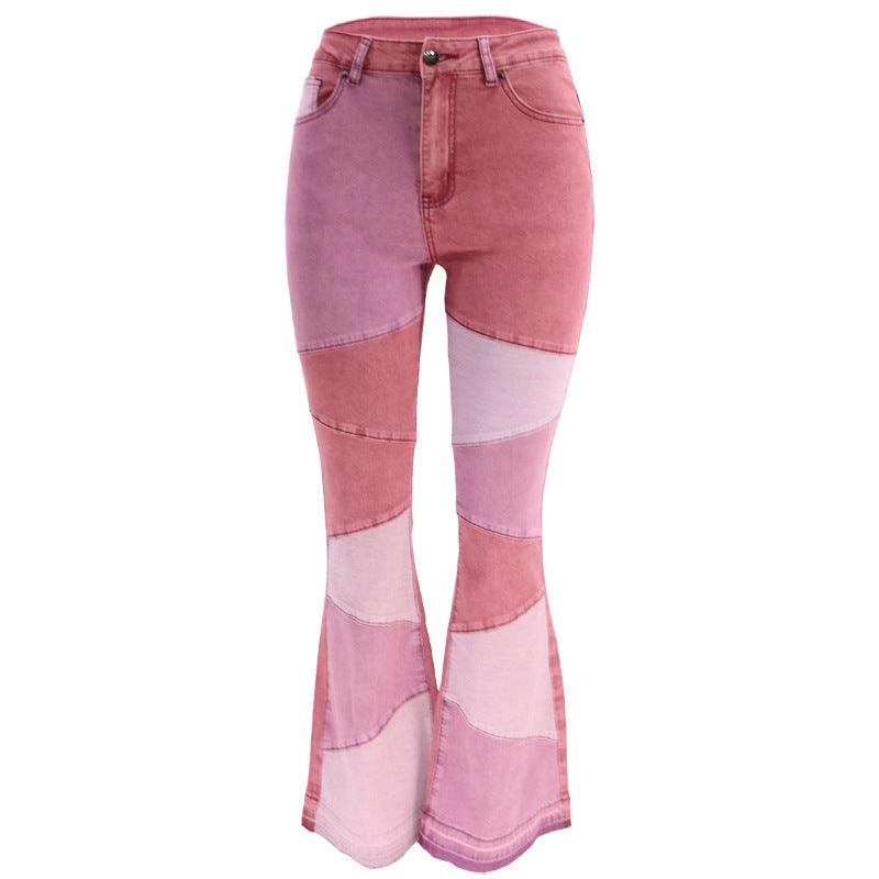 Women's High-Waist Wide-Leg Patchwork Denim Jeans