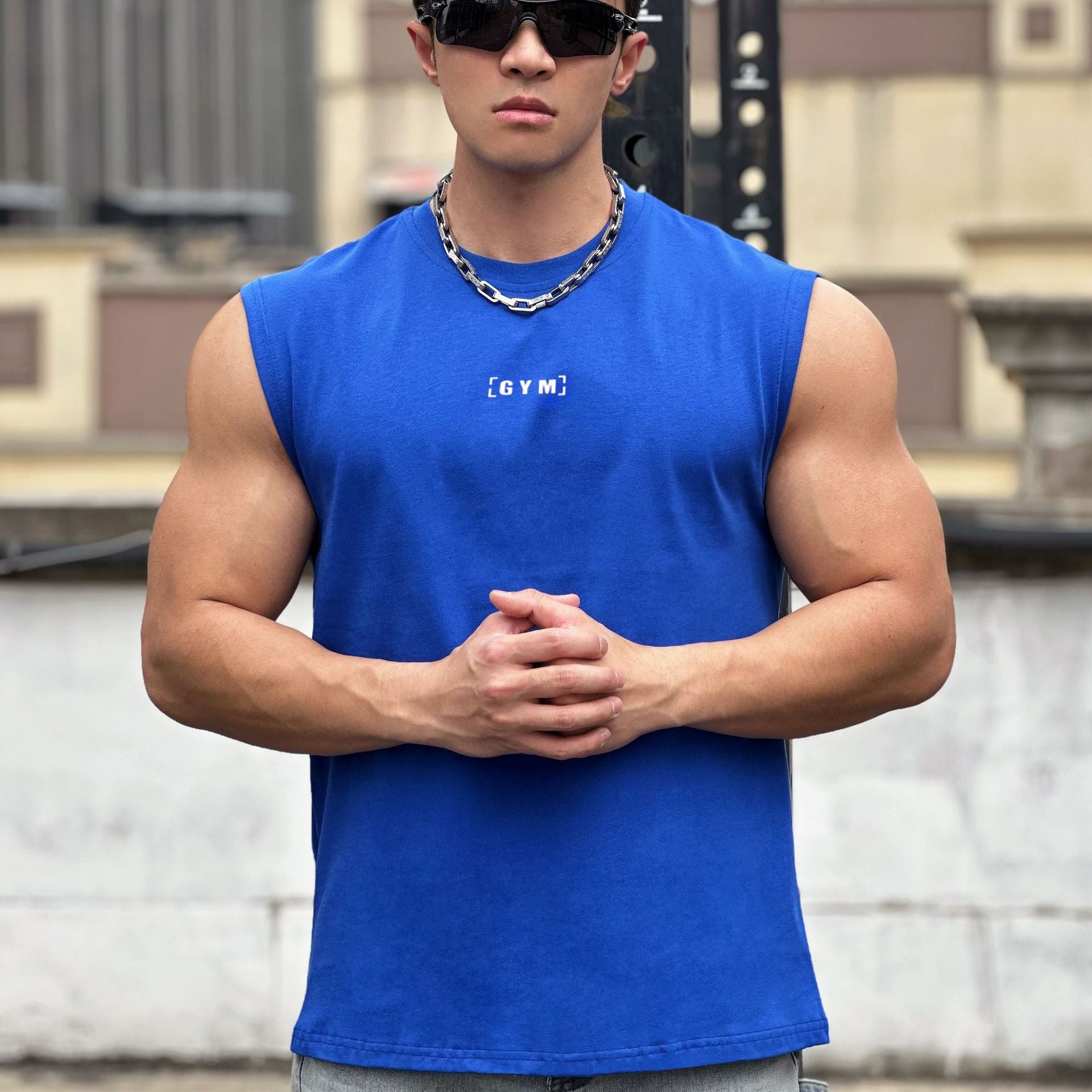 Men's Heavyweight Cotton Wide Shoulder Sleeveless Vest — Fitness Running Sport Top
