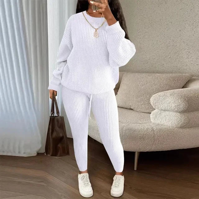 Women's Solid Knit Long-Sleeve Sweater & Pants Two-Piece Set