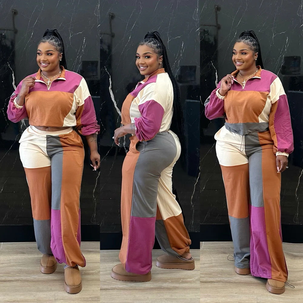 Women's Colour-Block Sporty Two-Piece Set – Zip Hoodie & Straight-Leg Pants