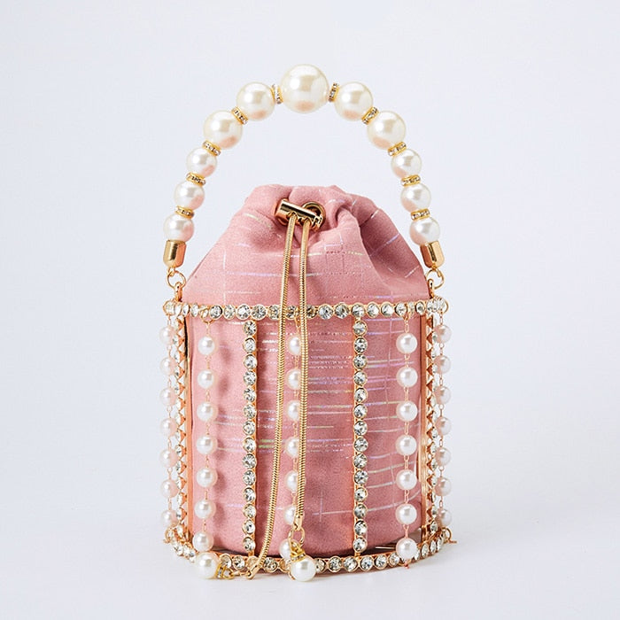 Handmade Diamond Pearl Bucket Clutch