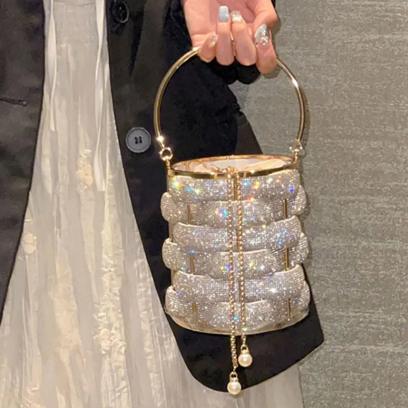 Woven Crystal Rhinestone Bucket Bag