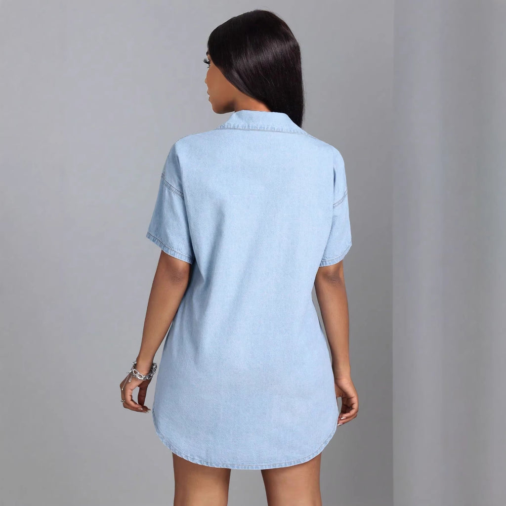 Women's Loose Fit Short-Sleeve Denim Shirt