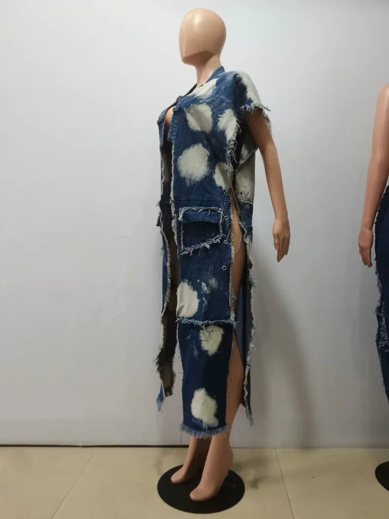 Women's Bleach Print Fringe Denim Long Vest