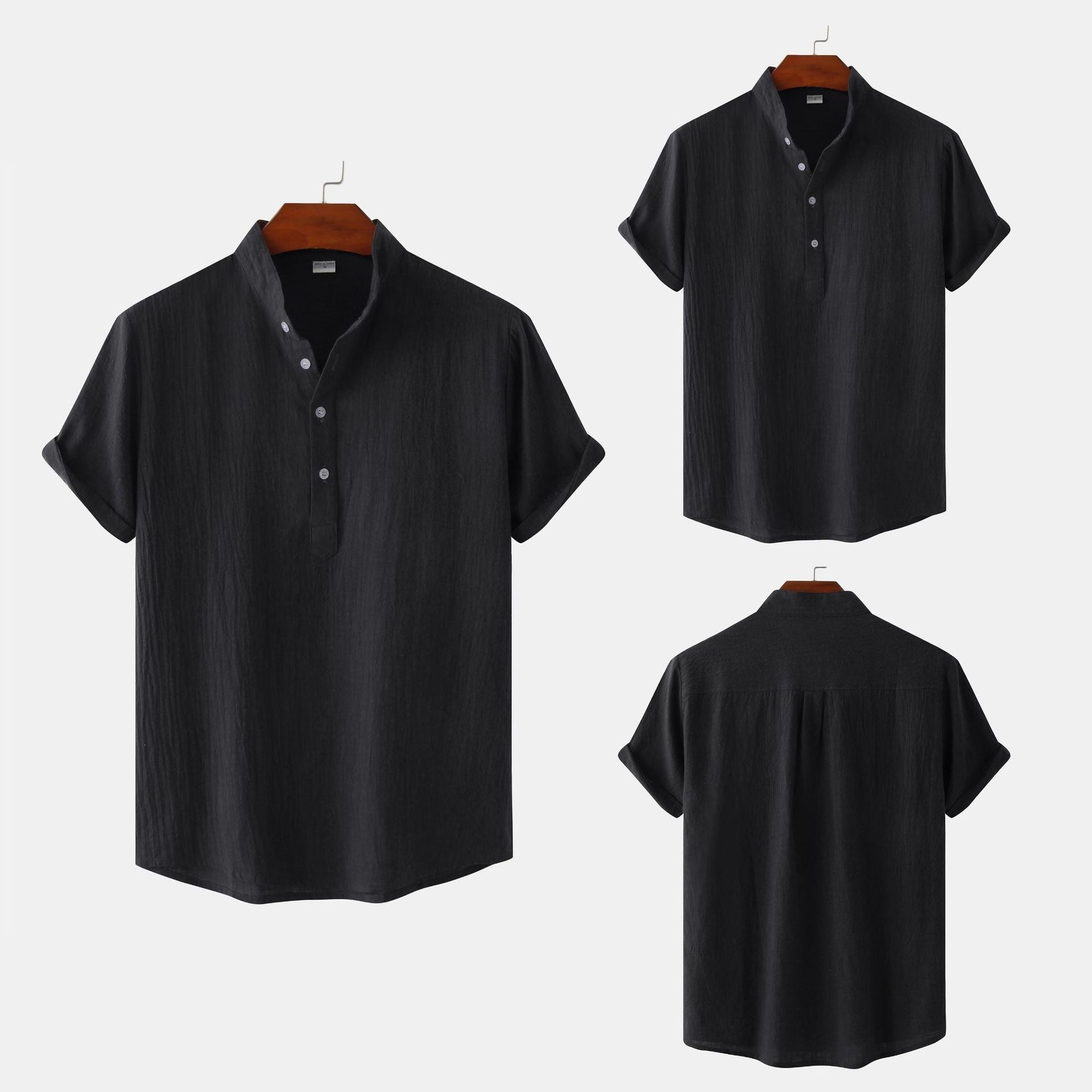 Men's Cotton-Linen Standing Collar Short-Sleeve Casual Shirt