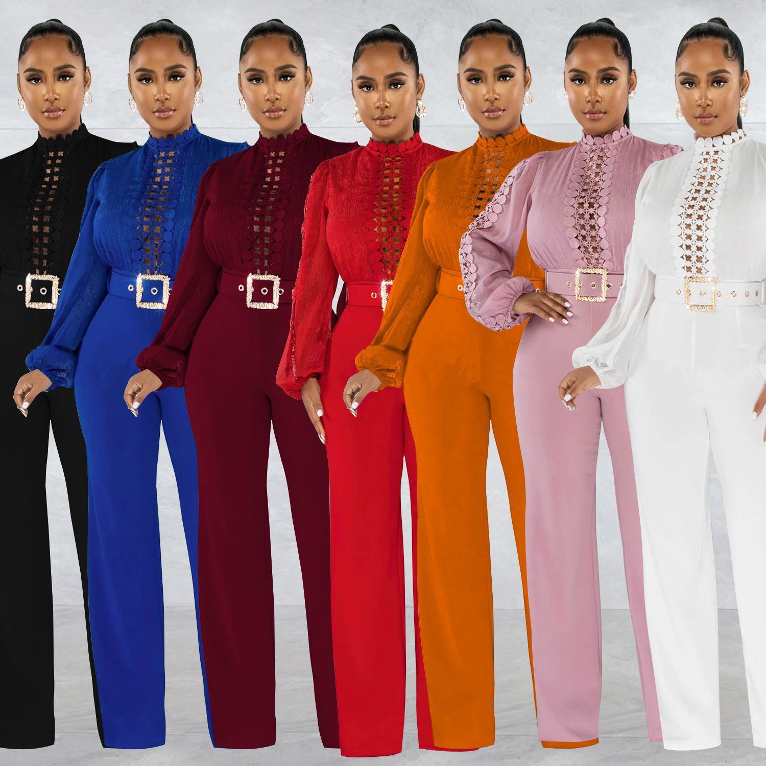 Women's Long-Sleeve Hollow-Out Belted Wide-Leg Jumpsuit