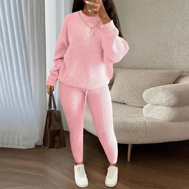 Women's Solid Knit Long-Sleeve Sweater & Pants Two-Piece Set