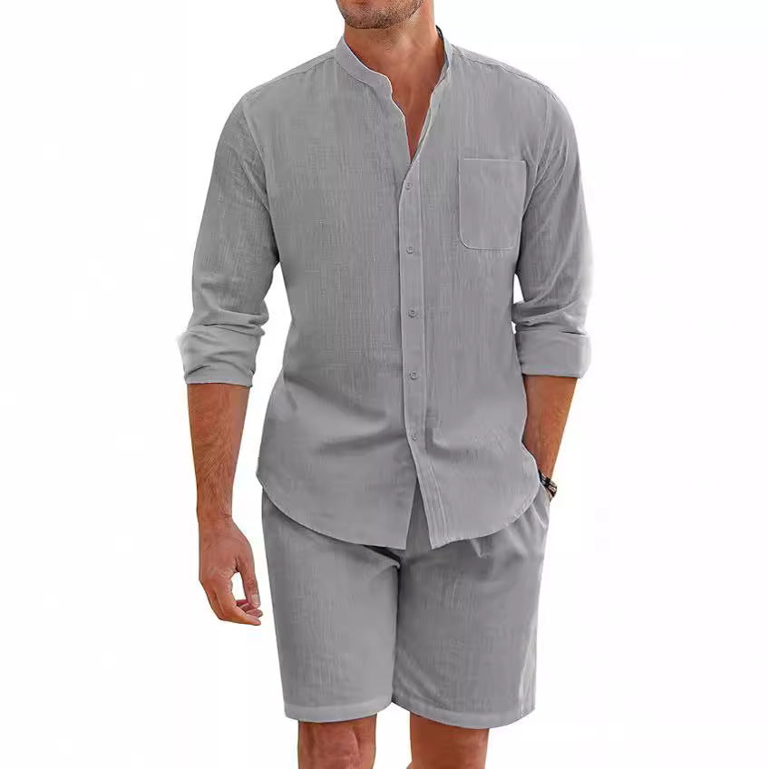 Men's Casual Button-Up Long Sleeve Shirt & Shorts Two-Piece Set