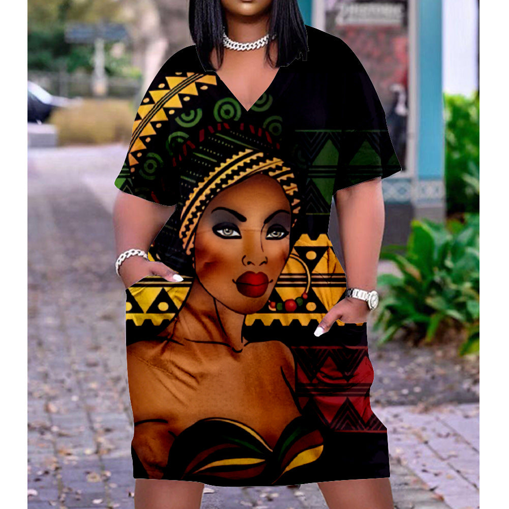 Women's 3D Print Ethnic Style Loose Waist Pullover Dress – Urban Casual Midi