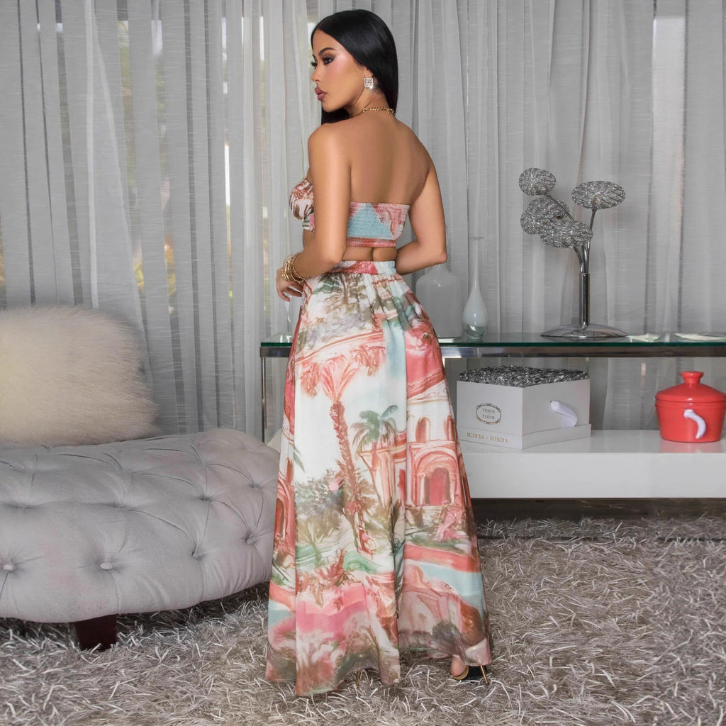 Women's Printed Sleeveless Crop Top & High-Waist Chiffon Maxi Skirt Set
