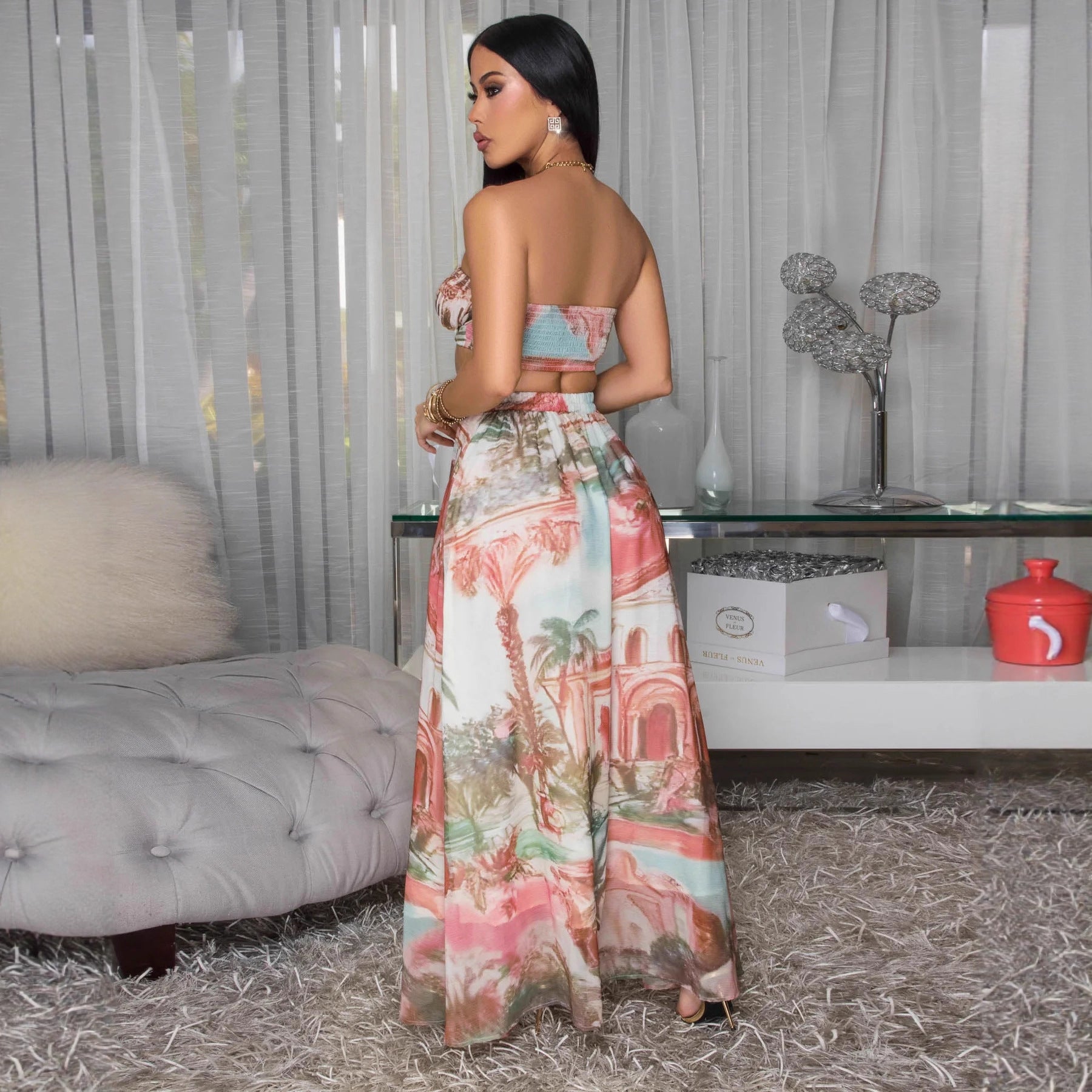 Women's Printed Sleeveless Crop Top & High-Waist Chiffon Maxi Skirt Set